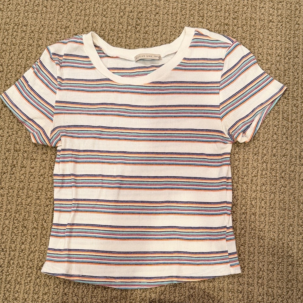 Active USA Women's Striped Short Sleeve Tee - Multicolor - Crop
